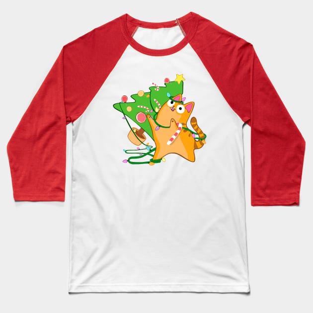 Zoomies Christmas Cat Orange Tabby Knocking Over Tree Funny Baseball T-Shirt by BluVelvet